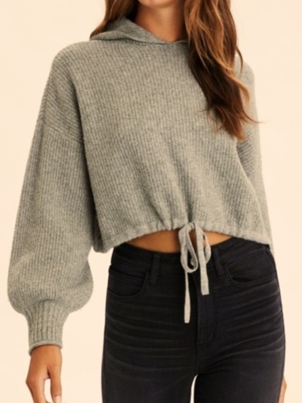 American Eagle Outfitters Heather Gray Cropped Drawstring Hooded Sweater Large